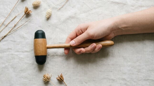 A person holding a wooden mallet with rubber ends on a light fabric background with dried flowers for craft and massage concepts