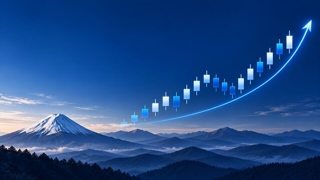 富士山と上昇するローソク足で表現した日本株の成長と投資イメージ
