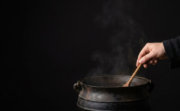 Steaming cast iron cauldron with wooden spoon stirring a potion in a dark room