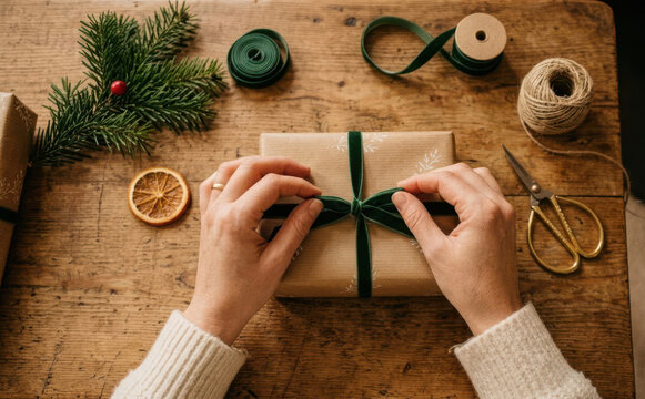 Woman hands wrapping christmas present with green velvet ribbon on rustic wooden table with craft supplies