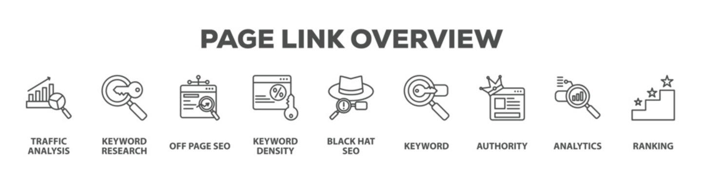 Page Link Overview with icon of Traffic analysis, Keyword research, Off page seo, Keyword density, Black hat seo, Keyword, Authority, Analytics, Ranking