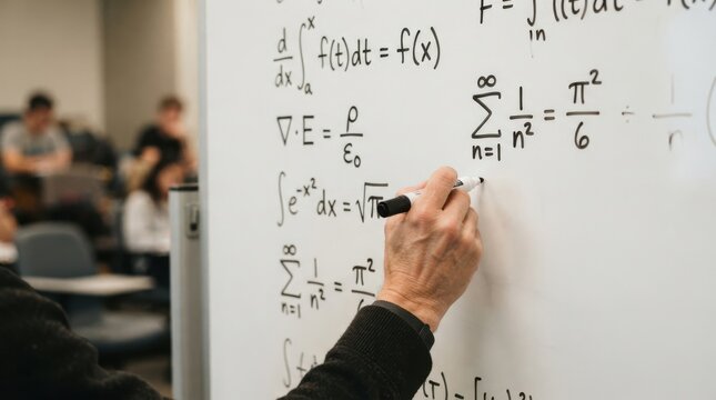 Middle-aged male professor writing advanced mathematics equations on a white board in a university classroom