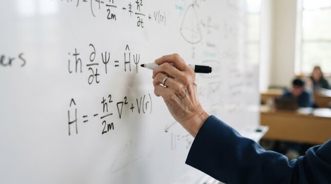 Elderly female professor writing quantum mechanics equations on white board in university classroom
