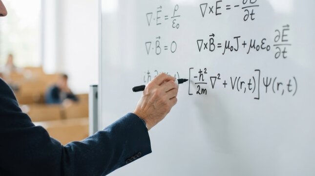 Male professor writing physics equations and Maxwell laws on whiteboard in university lecture hall