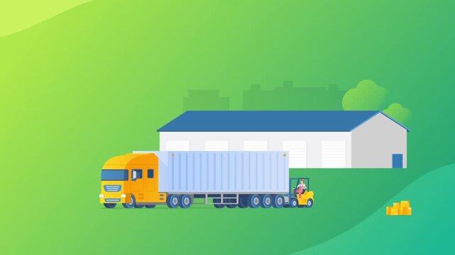 Logistics forklift operation loading cargo onto a commercial delivery truck for efficient supply chain distribution in this animated digital vector motion clip depicting modern warehouse