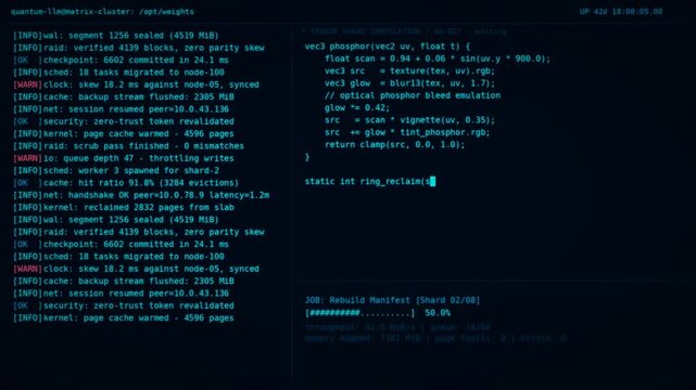 Coding screen display with system logs and code compilation.
