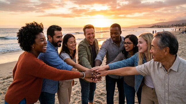 Diverse group of friends holding hands on beach at sunset, unity and togetherness