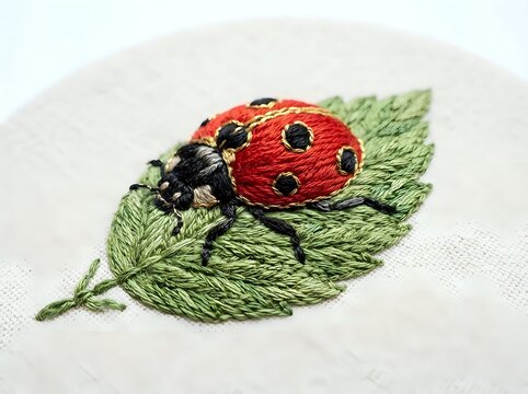 Embroidered ladybug with black spots resting on green leaf, handmade needlework craft on white fabric background