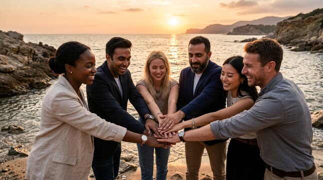 Diverse team joining hands at sunset beach, unity and success concept