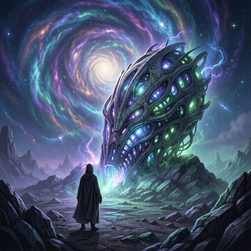 A lone, cloaked figure stands before a colossal, ancient alien artifact humming with cosmic energy