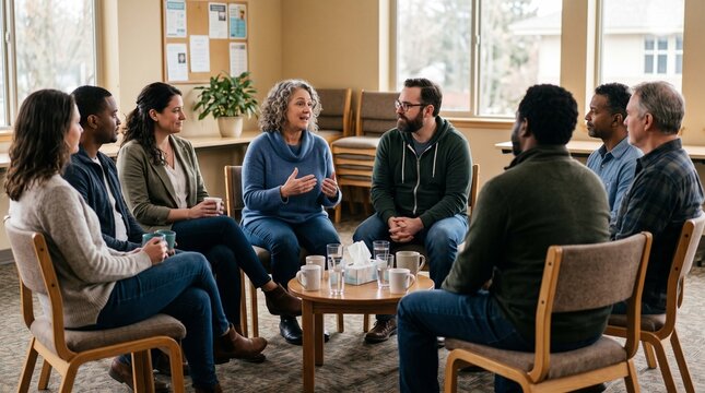 Diverse group of people in a support group meeting discussing issues and sharing experiences in a circle