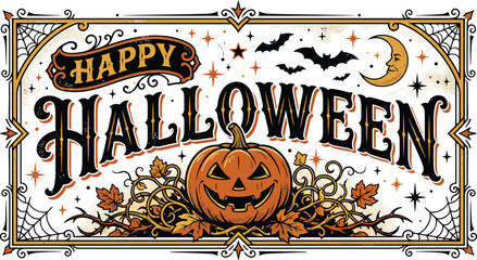 Vintage style happy halloween typography with spooky pumpkin and bats © SHIRIN