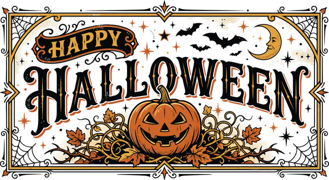 Vintage style happy halloween typography with spooky pumpkin and bats