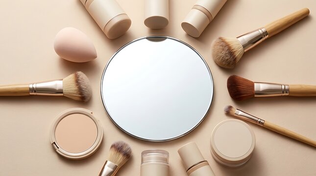 Round makeup mirror surrounded by various cosmetic brushes and powder compact for beauty routine. beginner makeup tips
