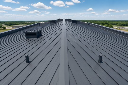 Modern completed industrial metal roofing with long clean seams finished vents symmetrical geometry professional installation
