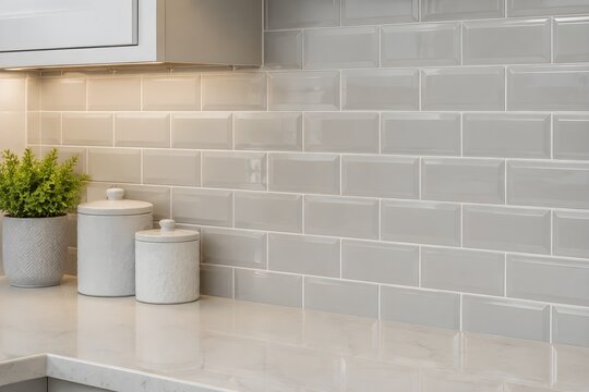 Completed modern kitchen backsplash with precisely aligned tiles clean grout and flawless countertop edge installation