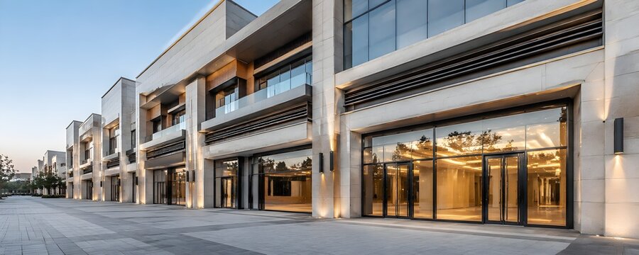 Completed shopping center facade with fresh cladding clean glass fronts and spotless pedestrian zone exterior