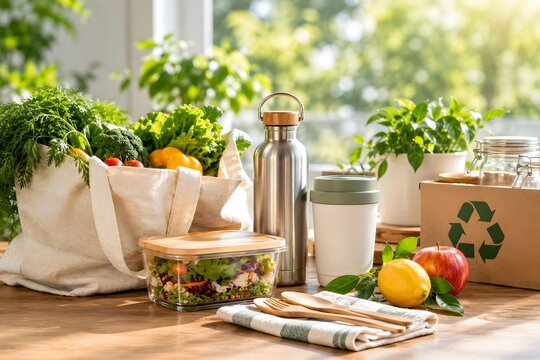 Sustainable zero waste lifestyle with reusable eco-friendly products and fresh vegetables