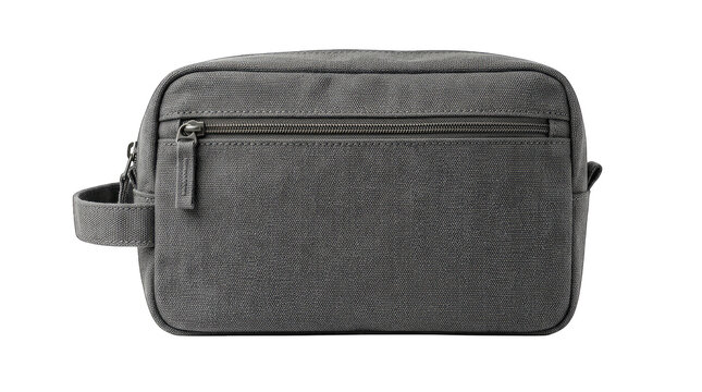 Grey canvas toiletry bag with durable zipper closure and side strap for travel grooming and cosmetic organization.