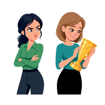 Envious Woman Feeling Jealous of Her Colleague Winning a Gold Trophy Award Illustration