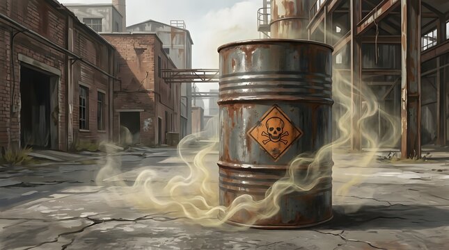 Hazardous waste barrel emitting toxic fumes in an abandoned industrial setting