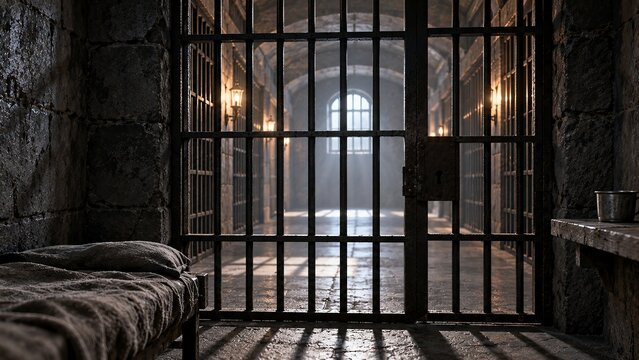 Prison Cell Inside with Iron Bars and Empty Bed