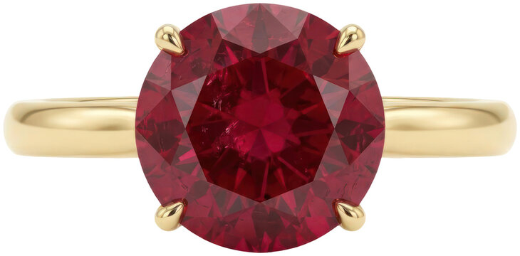 Gold ring featuring a large faceted red ruby.