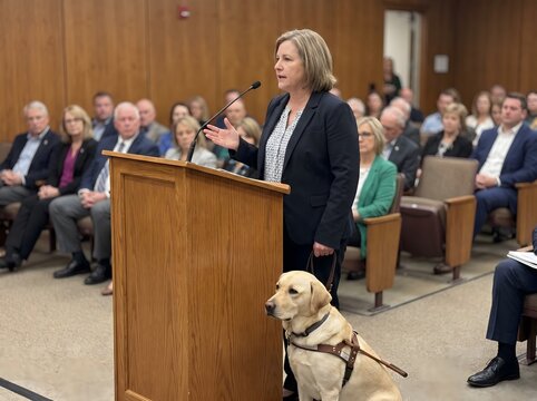 Council member addressing public at a municipal meeting with a service guide dog by her side
