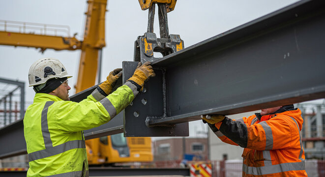Construction workers guiding a steel beam being lowered by a crane at a job site.Concept of heavy construction and structural engineering.