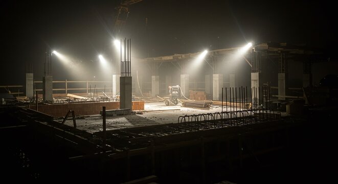 A construction site at night, illuminated by bright floodlights, showcasing early-stage progress. Concept of construction and development at night.