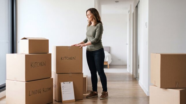 Apartment relocation day, young woman carrying heavy cardboard box into spacious empty new home. Happy tenant begins unpacking domestic household possessions in bright sunny living room space.