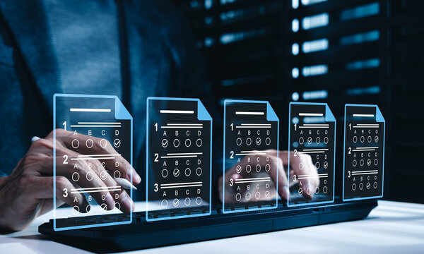 Online exam and digital assessment concept with person selecting answers on virtual multiple-choice test interface, representing modern e-learning, education technology and remote testing systems.
