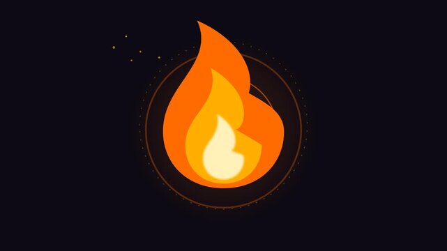 Orange flame icon burning in a flat style with a soft glowing ring on a dark plain surface