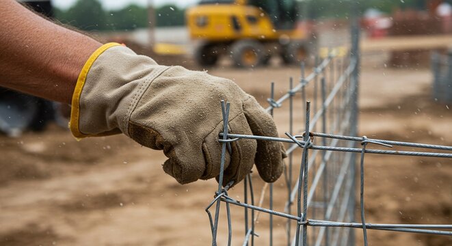Worker's hands using wire to secure a temporary safety fence at a construction site.Concept of construction site safety and security.