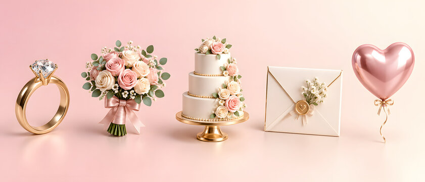3D Wedding and Romance Icon Set with Diamond Ring Flower Bouquet Cake Invitation Envelope Balloon