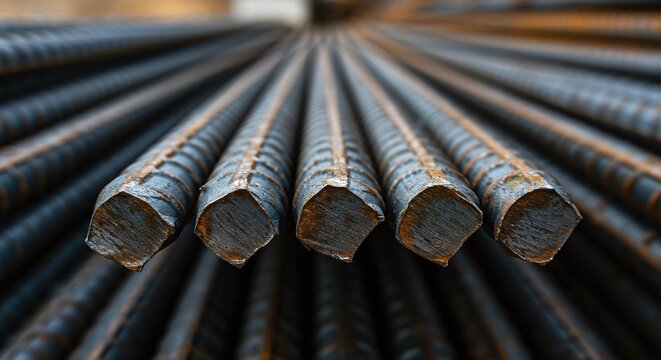 Bundles of steel rebar, a fundamental material for reinforced concrete in construction projects.Concept of construction materials and structural engineering.
