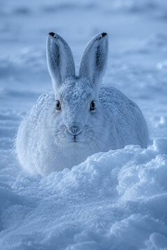 Arctic Hare Camouflaged in a Snowdrift at Blue Hour
