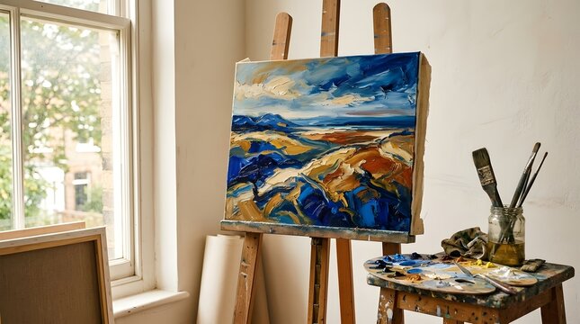 Vibrant oil painting of an abstract landscape on a wooden easel in a sunlit art studio with paint brushes and palette on a side table for creative artistic inspiration in a professional workspace