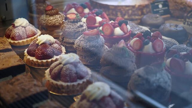 A close up view of delicious pastries and cakes on display in a brightly lit bakery shop window for sale
