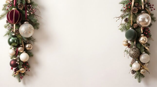 Two elegant christmas evergreen swags with decorative ornaments hanging on a plain white wall background