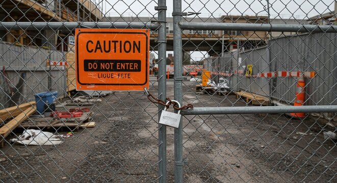 An orange warning sign on a wire mesh fence, marking a restricted construction site.Concept of construction site safety and security.
