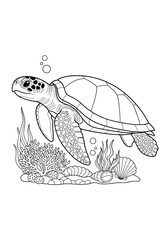 Fototapeta premium Sea turtle swimming over coral reef outline