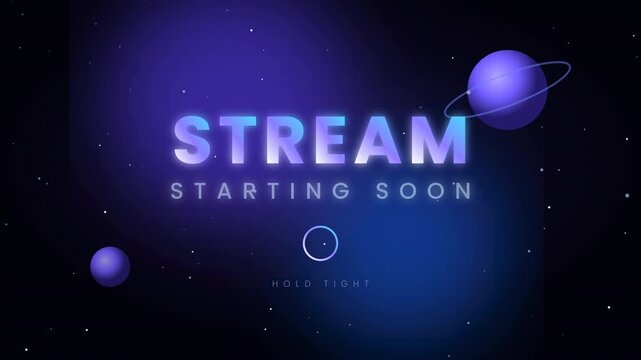 Stream starting soon text in purple with floating planets and stars on a deep space scene
