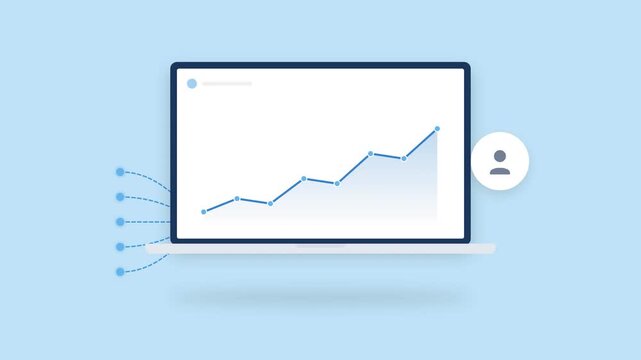 Modern digital laptop with an upward trending line graph on screen, concept for an income tracker and financial growth, for business planning and wealth management apps.