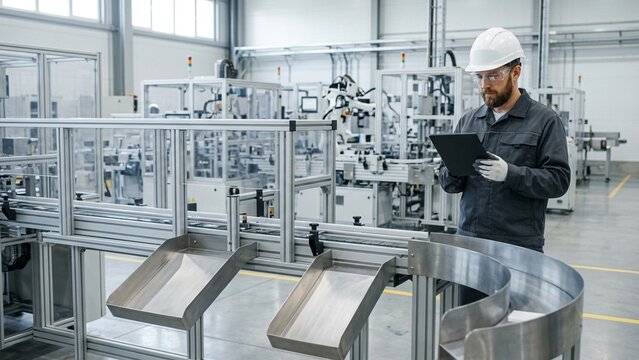 Manufacturing engineer monitoring automated defective parts rejection system on sorting conveyor