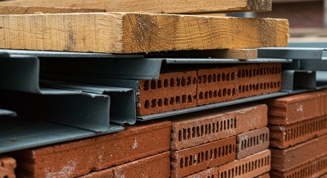 Close-up of different construction materials such as wood, bricks, cement, and tools, symbolizing building, renovation, and architecture