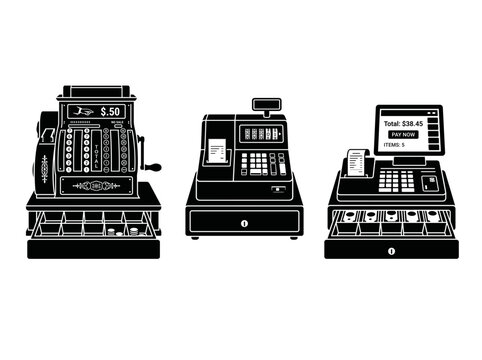 vector Evolution of the Cash Register from Vintage Mechanical to Modern Electronic Point of Sale Systems on transparent background
