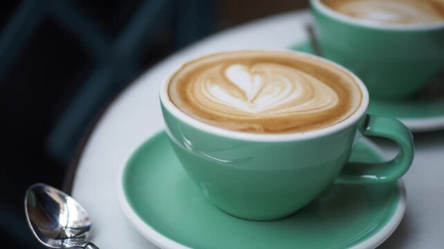 Close up on two cups of coffee with latte art, focus on motion and detail