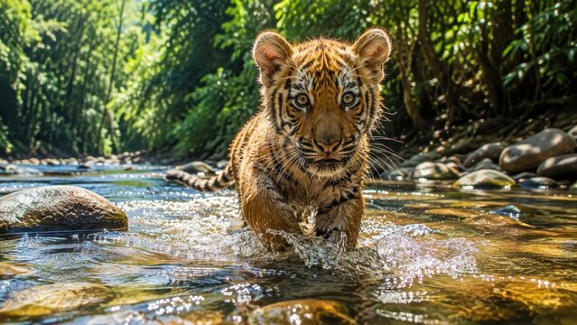 Bengal Tiger Cub Wading Through a Shallow Jungle River
