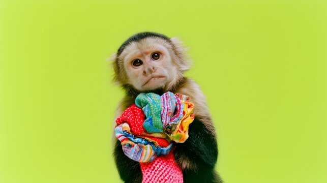 Capuchin monkey holding colorful socks on a bright yellow-green background, cute and unique